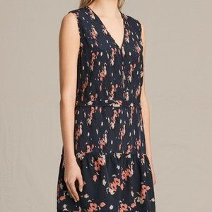 All Saints Navy Floral V-Neck Mini Dress with Pink Accents